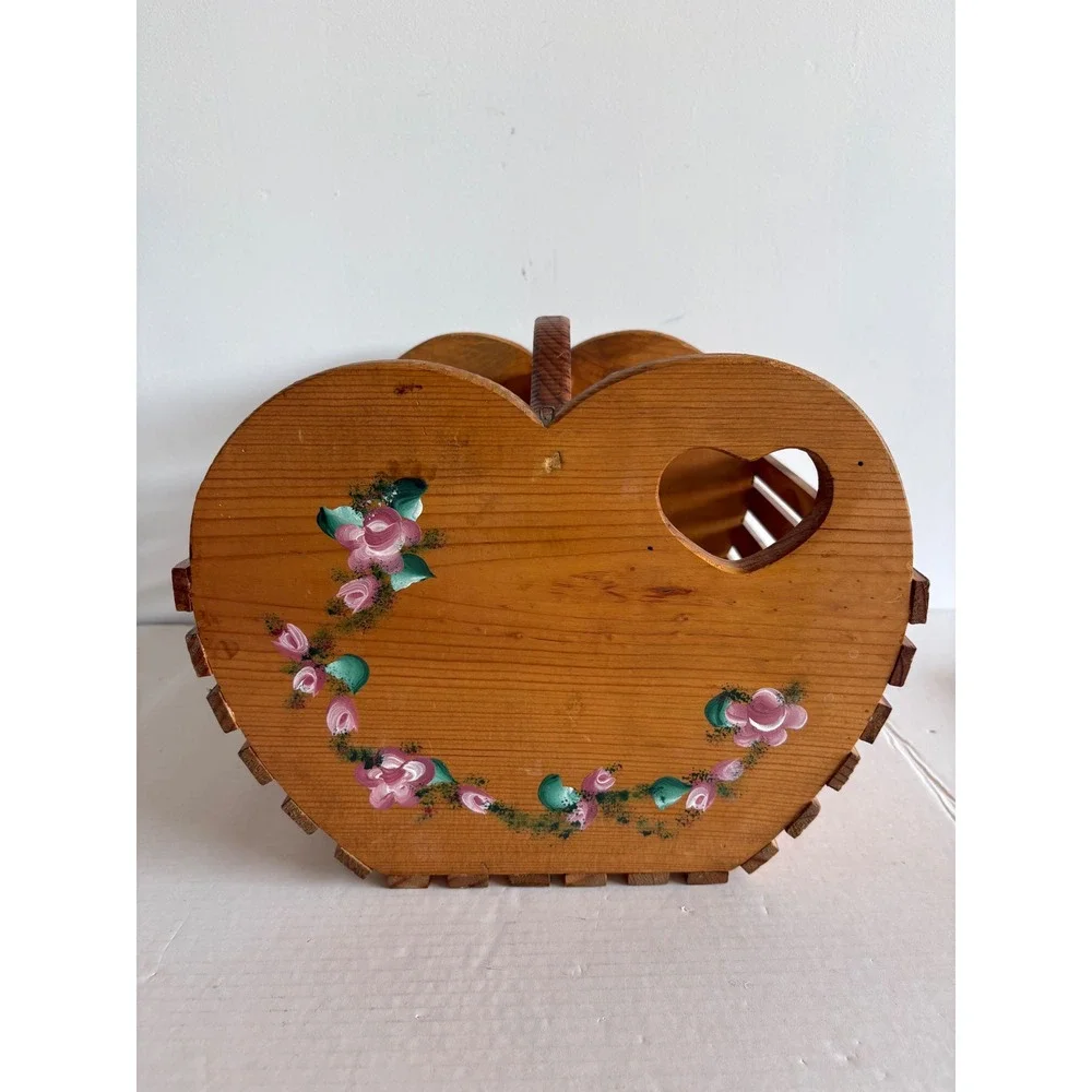 The Rose Peddler Wooden Basket Hand Painted Floral Heart Cutout Cottagecore boho